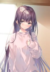Rule 34 | 1girl, black eyes, black hair, blush, breasts, chestnut mouth, hair between eyes, hair ornament, hair over shoulder, hand on own chest, highres, indoors, long hair, looking at viewer, miwabe sakura, novel illustration, official art, open mouth, purple sweater, saijo no osewa, simple background, small breasts, sunlight, sweater, upper body, very long hair