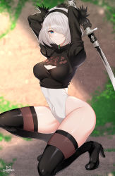 Rule 34 | 1girl, 2b (nier:automata), absurdres, arms up, artist name, black footwear, black thighhighs, blue eyes, blurry, blurry background, boots, breasts, closed mouth, clothing cutout, commentary, covered navel, expressionless, feather trim, gloves, hairband, heattech leotard, highleg, highleg leotard, highres, holding, holding sword, holding weapon, kneeling, leotard, light particles, long sleeves, looking at viewer, medium breasts, nier:automata, nier (series), on one knee, puffy sleeves, sakotach, shiny skin, short hair, signature, simple background, sword, thigh boots, thighhighs, thighs, turtleneck, weapon, white hair