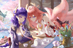 Rule 34 | 2girls, absurdres, alin leng bu sheng, animal, animal ears, arm on table, bare shoulders, bird, blue sky, braid, breasts, bridal gauntlets, cleavage, cup, earrings, elbow on table, falling petals, flower, fox ears, fox tail, genshin impact, gohei, hair between eyes, hair flower, hair ornament, highres, holding, holding gohei, japanese clothes, jewelry, kimono, large breasts, leaning forward, long hair, looking at another, low-braided long hair, low-tied long hair, multiple girls, multiple tails, off shoulder, parted lips, pendant, petals, pink hair, pond, purple eyes, purple hair, purple kimono, raiden shogun, shirt, shrug (clothing), simple background, sitting, sky, sleeveless, sleeveless shirt, smile, sunlight, tail, tea set, teacup, teapot, white shirt, wide sleeves, yae miko, yae miko (fox)