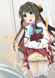 Rule 34 | 1girl, blue neckwear, blush, brown hair, clothes lift, dress, dress lift, embarrassed, fang, female focus, green eyes, grey pantyhose, hair bun, hair ornament, hair ribbon, indoors, jacket, japanese text, kantai collection, legs together, lifting own clothes, long hair, long sleeves, minamimachi naname, multicolored hair, naganami (kancolle), open mouth, panties, panty pull, pantyhose, peeing, peeing self, pink hair, red dress, ribbon, single hair bun, solo, stained panties, standing, tears, toilet, toilet stall, translation request, two-tone hair, underwear, wet, wet clothes, white jacket, white panties, yellow ribbon