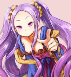 Rule 34 | 1girl, blush, breasts, chinese clothes, dress, fate/grand order, fate (series), frills, hair ornament, long hair, purple eyes, purple hair, ribbon, smile, twintails, wu zetian (fate)