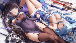 Rule 34 | 2girls, absurdres, anniversary, artist name, azur lane, black garter straps, black headwear, blue choker, blue dress, blue eyes, blue flower, blue hair, blue rose, breasts, bridal gauntlets, brown thighhighs, cheshire (azur lane), cheshire (cait sith crooner) (azur lane), china dress, chinese clothes, choker, cleavage, dress, elbow gloves, feather boa, fedora, flower, garter straps, gloves, hair net, hair ornament, halter dress, halterneck, hat, hat flower, highres, holding hands, large breasts, long hair, looking at viewer, makihige, medium hair, multicolored hair, multiple girls, nail polish, neptune (azur lane), neptune (nereid&#039;s invitation) (azur lane), official alternate costume, open mouth, panties, polearm, purple dress, purple gloves, purple hair, rose, see-through, see-through cleavage, short dress, single bridal gauntlet, streaked hair, string panties, taut clothes, taut dress, thighhighs, trident, two-tone dress, underwear, very long hair, weapon, white dress, yellow eyes