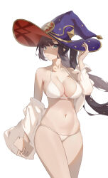 Rule 34 | 1girl, absurdres, alternate breast size, bikini, black hair, breasts, cellphone, floating hair, genshin impact, green eyes, hand up, hat, heiyizhushenxia, highres, holding, holding phone, large breasts, long hair, mona (genshin impact), navel, off shoulder, parted lips, phone, shirt, simple background, skindentation, smartphone, stomach, strap gap, swimsuit, thighs, twintails, white background, white bikini, white shirt, witch hat