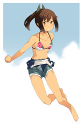 Rule 34 | 1girl, barefoot, bikini, bikini top only, bikini under clothes, brown eyes, brown hair, clothes pull, collarbone, cutoffs, floral print, full body, grey shorts, grin, hair ornament, hairclip, i-401 (kancolle), kantai collection, layered swimsuit, looking at viewer, one-piece swimsuit pull, open fly, ponytail, sakura (medilore), school swimsuit, short hair, short ponytail, shorts, smile, solo, swimsuit, swimsuit under clothes, tan, two-tone background, white bikini