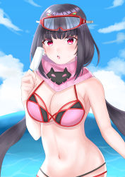 Rule 34 | 1girl, absurdres, artist request, bare shoulders, bikini, black hair, blue sky, blush, breasts, cleavage, fate/grand order, fate (series), food, goggles, goggles on head, highres, large breasts, long hair, looking at viewer, low twintails, navel, ocean, open mouth, osakabehime (fate), osakabehime (swimsuit archer) (fate), osakabehime (swimsuit archer) (second ascension) (fate), pink bikini, pink eyes, pink scarf, popsicle, scarf, ski goggles, sky, swimsuit, twintails