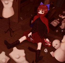 Rule 34 | 1girl, against wall, antique phone, blood, book, boots, bow, box, broken cup, covering own mouth, doll, envelope, glass, hair bow, indoors, kurage (artist), looking at viewer, mannequin, messy room, phone, pleated skirt, red eyes, red hair, rotary phone, scissors, sekibanki, short hair, sitting, skirt, solo, spoon, touhou, trash can, wooden floor
