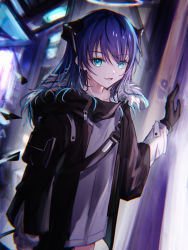 Rule 34 | 1girl, arknights, arm support, black gloves, black jacket, blurry, blurry background, collarbone, demon girl, demon horns, floating, floating object, fur trim, gloves, grey eyes, haku wi, halo, hand up, highres, horns, jacket, long hair, long sleeves, looking at viewer, mostima (arknights), open mouth, purple hair, shirt, sidelocks, smile, solo, standing, upper body, white shirt, wide sleeves