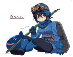 Rule 34 | 1girl, :d, arm support, bamboo, belt, between breasts, black eyes, black hair, black pantyhose, blue eyes, blue hair, blue skin, boots, breasts, chunsoft, coat, colored skin, crossed legs, dragon quest, dragon quest ii, enix, genderswap, genderswap (mtf), gloves, goggles, goggles on headwear, hair between eyes, helmet, holding, knee boots, light smile, looking at viewer, looking away, looking back, monster, o o, oekaki, onija tarou, open mouth, over shoulder, pantyhose, pouch, prince of lorasia, profile, shield, short hair, simple background, sitting, slime (dragon quest), smile, solo, turtleneck, watermark, web address, white background