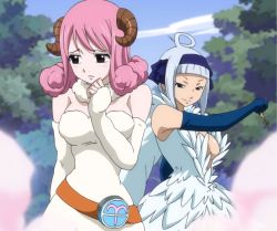 Rule 34 | 2girls, angel (fairy tail), aries (fairy tail), black eyes, blush, breasts, brown eyes, cleavage, fairy tail, feathers, fur, highres, horns, key, large breasts, multiple girls, pink hair, short hair, smile, smoke, stitched, third-party edit, white hair