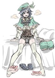 Rule 34 | 1boy, absurdres, bed, bed sheet, black hair, blue eyes, blue hair, blush, braid, bulge, cape, feet, flower, ga320aaa, genshin impact, gradient hair, green hat, hat, hat flower, highres, legs, long sleeves, looking at viewer, male focus, multicolored hair, open mouth, pillow, shoes, shorts, simple background, smile, soles, solo, steam, sweat, thighhighs, thighs, toes, trap, twin braids, unworn shoes, venti (genshin impact), white background, white thighhighs