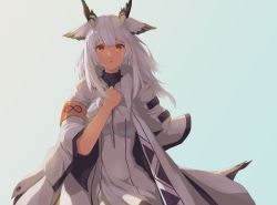 Rule 34 | 1girl, arknights, armband, blue background, brown eyes, commentary, cowboy shot, crying, crying with eyes open, dress, feather hair, gradient background, grey dress, hand on own chest, long hair, looking at viewer, parted lips, pointy hair, ptilopsis (arknights), ptilopsis (elite ii) (arknights), rhine lab logo, silver hair, solo, tears, tsukira (amayadori)
