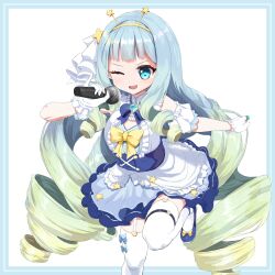 Rule 34 | 1girl, arm garter, blonde hair, blue bow, blue bowtie, blue brooch, blue eyes, blue footwear, blue hair, bow, bowtie, dress, drill hair, footwear bow, frilled dress, frills, garter straps, gloves, gradient hair, hair ornament, hairband, highres, holding, holding microphone, jelly hoshiumi, jewelry, long hair, microphone, multicolored hair, not ashes, one eye closed, open mouth, phase connect, ring, solo, star (symbol), star hair ornament, star in eye, symbol in eye, teeth, thighhighs, upper teeth only, very long hair, virtual youtuber, white garter straps, white gloves, white thighhighs, yellow bow, yellow bowtie, yellow hairband
