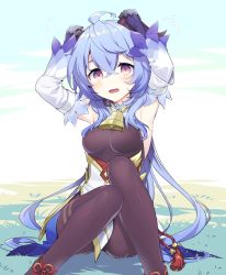 Rule 34 | 1girl, ahoge, armpits, arms up, bell, blue hair, blush, bodysuit, brown bodysuit, commentary request, cowbell, ganyu (genshin impact), genshin impact, goat horns, highres, horns, memeno, open mouth, purple eyes, skin tight, solo