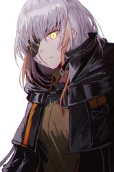 Rule 34 | 1girl, blonde hair, brown shirt, cloak, closed mouth, commentary request, corruption, expressionless, eyepatch, girls&#039; frontline, jacket, m16a1 (boss) (girls&#039; frontline), m16a1 (girls&#039; frontline), mole, mole under eye, multicolored hair, open clothes, open jacket, sangvis ferri, scar, scar across eye, scar on face, shirt, sidelocks, silence girl, simple background, spoilers, streaked hair, two-tone hair, upper body, white background, white hair, yellow eyes