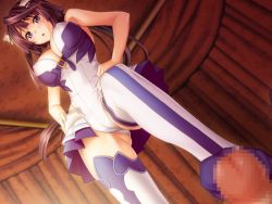Rule 34 | 1girl, bare shoulders, black eyes, black hair, blush, breasts, censored, cleavage, feet, footjob, game cg, hand on own hip, kannatsuki noboru, large breasts, long hair, looking down, no shoes, open mouth, penis, skirt, standing, thighhighs