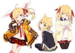 Rule 34 | 1girl, :&lt;, :d, absurdres, amaryllis gumi, animal ear fluff, animal ears, bell, black jacket, black pantyhose, blonde hair, blue eyes, blush, blush stickers, brown thighhighs, cat ears, cat girl, cat tail, closed eyes, closed mouth, collared shirt, green skirt, grin, hair bell, hair between eyes, hair ornament, hair ribbon, head tilt, highres, jacket, jingle bell, kemonomimi mode, kotohara hinari, long hair, long sleeves, looking at viewer, looking to the side, multiple views, open clothes, open jacket, open mouth, orange jacket, pantyhose, plaid, plaid skirt, pleated skirt, rabbit ears, red ribbon, red shorts, red skirt, ribbon, shirt, short shorts, shorts, skirt, sleeves past wrists, smile, sweater, tail, tail raised, tama (tama-s), thighhighs, twintails, virtual youtuber, white jacket, white shirt, white sweater