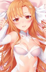Rule 34 | 1girl, :d, alternate costume, asuna (sao), bed sheet, blush, braid, breasts, brown hair, collarbone, commentary request, detached sleeves, hair ribbon, hands up, long hair, looking at viewer, lying, medium breasts, navel, on back, open mouth, ribbon, rimuu, single bare shoulder, smile, solo, sword art online, upper body, white ribbon, white sleeves