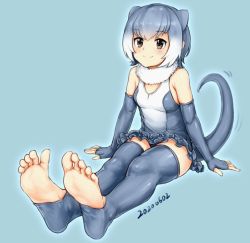 Rule 34 | 1girl, animal ears, aomoro, arms at sides, bad id, bad pixiv id, barefoot, black eyes, blue hair, dated, elbow gloves, feet, fingerless gloves, foot focus, foreshortening, full body, gloves, kemono friends, multicolored hair, one-piece swimsuit, otter ears, short hair, sitting, small-clawed otter (kemono friends), smile, soles, solo, swimsuit, toeless legwear, toes, white hair