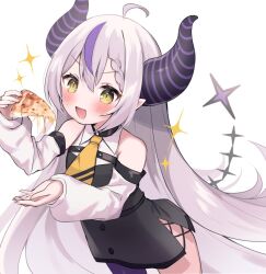 Rule 34 | 1girl, ahoge, braid, commentary, demon girl, demon horns, demon tail, fang, food, grey hair, hashtag-only commentary, holding, holding food, holding pizza, hololive, horns, la+ darknesss, long hair, moeko (moeko0903), multicolored hair, open mouth, pizza, pointy ears, purple hair, single thighhigh, smile, solo, streaked hair, striped horns, tail, thighhighs, two-tone hair, upper body, v-shaped eyebrows, very long hair, virtual youtuber, yellow eyes