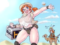 Rule 34 | 1boy, 1girl, :d, absurdres, binoculars, blue eyes, breasts, brown hair, camel, camera, covered erect nipples, cowboy shot, desert, fio germi, glasses, hat, highres, inverted nipples, knee pads, large breasts, marco rossi, mars people, metal slug, micro shorts, minami aomori, no bra, open mouth, outdoors, pale skin, ponytail, revealing clothes, shiny skin, shorts, smile, snk, sweat, sword, thick thighs, thighs, ufo, vest, weapon
