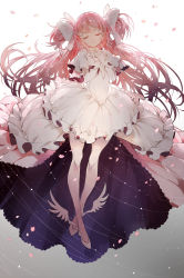Rule 34 | 10s, 1girl, bow, closed eyes, dress, frills, gloves, hair bow, hands on own chest, kaname madoka, long hair, magical girl, mahou shoujo madoka magica, mahou shoujo madoka magica (anime), nine (liuyuhao1992), overskirt, petals, pink hair, shoes, solo, spoilers, two side up, ultimate madoka, white dress, winged footwear, wings