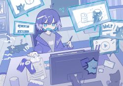 Rule 34 | 1girl, ahoge, blue theme, book, bookshelf, can, carpet, detached ahoge, drawing tablet, ear piercing, fang, fingernails, hair between eyes, hatsushiro mamimu, highres, holding, holding stylus, looking at object, monitor, monochrome, open mouth, original, paper, piercing, shirt, short hair, solo, speech bubble, stylus, sweatdrop, v-shaped eyebrows, wavy mouth
