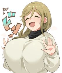 Rule 34 | 1girl, :d, bouncing breasts, breasts, closed eyes, fang, grey sweater, hands up, highres, huge breasts, inuyama aoi, long sleeves, open mouth, simple background, skin fang, smile, solo, sweater, takato kurosuke, thick eyebrows, white background, yurucamp, yurucamp movie