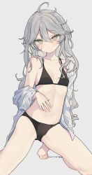 Rule 34 | 1girl, ahoge, artist name, barefoot, bikini, black bikini, blush, breasts, collarbone, dated, gluteal fold, grey background, grey hair, hair between eyes, highres, kneehighs, long hair, looking at viewer, mimelond, off shoulder, open clothes, open shirt, original, shirt, simple background, small breasts, socks, solo, swimsuit, white shirt, yellow eyes