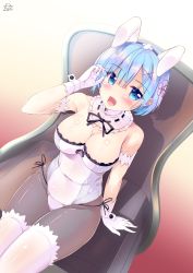 Rule 34 | 1girl, absurdres, animal ears, arm up, blue eyes, blue hair, blush, bow, breasts, chair, cleavage, commentary request, fake animal ears, fang, gloves, gradient background, highres, leotard, looking at viewer, natsumiya yuzu, open mouth, pantyhose, playboy bunny, rabbit ears, rabbit girl, re:zero kara hajimeru isekai seikatsu, rem (re:zero), sitting, solo, thighhighs, wrist cuffs