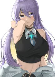 Rule 34 | 1girl, absurdres, blush, breasts, byeon dha, choker, closed mouth, commentary, eyes visible through hair, hair between eyes, hand up, highres, hololive, hololive indonesia, large breasts, long hair, looking at viewer, moona hoshinova, multicolored hair, purple hair, smile, solo, starry hair, tank top, two-tone hair, virtual youtuber