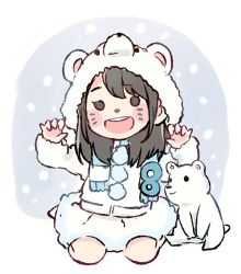Rule 34 | 1girl, :d, akb48, animal, animal costume, animal hood, bear, bear costume, bear hood, black eyes, black hair, blush, chibi, claw pose, commentary request, dress, facial mark, fur, hood, long hair, long sleeves, looking at viewer, open mouth, polar bear, pom pom (clothes), real life, sakaguchi nagisa, scarf, sitting, smile, snowing, solo, striped clothes, striped scarf, taneda yuuta, whisker markings, white dress