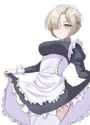 Rule 34 | 1girl, absurdres, alternate costume, apron, azur lane, black dress, blonde hair, blush, bow, braid, breasts, brown eyes, closed mouth, clothes lift, cowboy shot, dress, dress lift, enmaided, french braid, frilled apron, frilled dress, frills, hair bun, hair over one eye, headdress, highres, juliet sleeves, kannzi, large breasts, long sleeves, looking at viewer, maid, maid apron, medium breasts, parted lips, puffy sleeves, ribbon, sheffield (azur lane), short hair, simple background, single hair bun, skirt hold, smile, solo, standing, thighhighs, waist apron, white apron, white background, yellow eyes