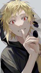 Rule 34 | 1boy, 510 gotoudayo, black jacket, blonde hair, brown shirt, cross-laced clothes, finger to mouth, grey background, hand up, highres, hood, hood up, hooded jacket, hoodie, index finger raised, jacket, kagerou project, kano shuuya, looking at viewer, male focus, portrait, red eyes, shirt, short hair, shushing, simple background, smile, solo