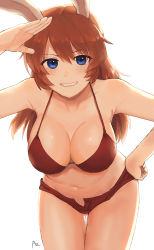 Rule 34 | 1girl, absurdres, animal ears, azu (yamahasu1245), bent over, bikini, bikini shorts, blue eyes, blush, breasts, brown hair, charlotte e. yeager, collarbone, female focus, hand on own hip, highres, large breasts, long hair, looking at viewer, navel, open clothes, open shorts, parted lips, rabbit ears, rabbit girl, red bikini, red shorts, shiny skin, shorts, simple background, smile, solo, strike witches, swimsuit, teeth, white background, world witches series