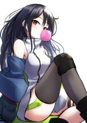 Rule 34 | 1girl, black hair, black thighhighs, blue jacket, breasts, c-ms (girls&#039; frontline), chewing gum, clothes pull, girls&#039; frontline, hand on floor, highres, jacket, jacket pull, lodbyy, long hair, looking at viewer, open clothes, open jacket, red eyes, shirt, sitting, solo, thighhighs, white background, white shirt