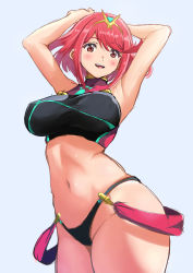 Rule 34 | 1girl, adapted costume, armpits, arms up, belly, bikini, breasts, highres, jewelry, large breasts, navel, pyra (pro swimmer) (xenoblade), pyra (xenoblade), red eyes, red hair, short hair, simple background, solo, swimsuit, xenoblade chronicles (series), xenoblade chronicles 2, yuuuun0218