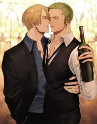 Rule 34 | bara, black pants, black suit, black vest, blonde hair, blue shirt, bottle, earrings, eye contact, facial hair, formal, goatee, green hair, hand in pocket, hd189733b, highres, holding, hug, imminent kiss, jewelry, long sideburns, looking at another, male focus, necktie, one piece, open clothes, open shirt, pants, partially unbuttoned, pectoral cleavage, pectorals, roronoa zoro, sanji (one piece), shirt, sideburns, suit, vest, waist hug, white shirt, wine bottle, yaoi