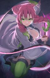 Rule 34 | 1girl, braid, breasts, closed mouth, floating hair, gradient hair, green eyes, green hair, green thighhighs, highres, holding, holding sword, holding weapon, kanroji mitsuri, kimetsu no yaiba, large breasts, lips, long hair, looking at viewer, mole, mole under each eye, mole under eye, multicolored hair, multiple braids, multiple moles, pink hair, reulem, smile, solo, sword, thighhighs, two-tone hair, v-shaped eyebrows, weapon, whip sword