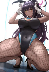 Rule 34 | 1girl, absurdres, animal ears, black footwear, black one-piece swimsuit, blue archive, blue bow, blue bowtie, blush, bow, bowtie, breasts, commentary request, competition swimsuit, covered navel, dark-skinned female, dark skin, detached collar, fake animal ears, fishnet pantyhose, fishnets, gloves, halo, hands up, high heels, highres, karin (blue archive), karin (bunny) (blue archive), kihou no gotoku dmc, kneeling, large breasts, long hair, looking at viewer, one-piece swimsuit, pantyhose, pantyhose under swimsuit, parted lips, playboy bunny swimsuit, ponytail, purple hair, rabbit ears, solo, swimsuit, thighs, white gloves, yellow eyes
