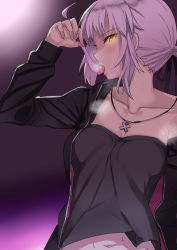 Rule 34 | 1girl, absurdres, ahoge, artoria pendragon (all), artoria pendragon (fate), black jacket, black ribbon, black shirt, breath, collarbone, condom, cum, fate/grand order, fate (series), gokkun, hair ribbon, highres, holding, holding condom, jacket, jewelry, licking, long sleeves, looking at viewer, navel, necklace, official alternate costume, open clothes, open jacket, ponytail, repentance, ribbon, saber alter, saber alter (ver. shinjuku 1999) (fate), shirt, short hair, silver hair, solo, strapless, sweat, tongue, tongue out, tube top, upper body, used condom, yellow eyes