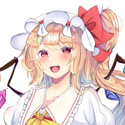 Rule 34 | 1girl, :d, ascot, blonde hair, blush, bow, collarbone, crystal, fang, flandre scarlet, frilled shirt collar, frills, hair bow, happy, hat, highres, long hair, looking at viewer, mob cap, one side up, open mouth, puffy short sleeves, puffy sleeves, red bow, short sleeves, simple background, skin fang, slit, smile, solo, touhou, upper body, white background, white hat, wings, yellow ascot, yyghh ii