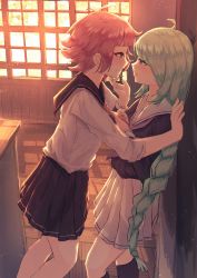 Rule 34 | 2girls, absurdres, against wall, benevole, black sailor collar, black skirt, blunt bangs, brown eyes, classroom, commission, eye contact, from side, green hair, hand on another&#039;s chin, hand on wall, highres, imminent kiss, indoors, kabedon, long braid, long hair, looking at another, multiple girls, neckerchief, neckwear grab, open mouth, original, purple eyes, purple neckerchief, red hair, red neckerchief, sailor collar, school uniform, serafuku, short hair, skeb commission, skirt, uniform, very long hair, white sailor collar, white skirt, yuri