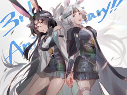 2girls animal_ears anniversary azur_lane bare_shoulders black_hair blue_eyes cape glasses green_eyes headband hiryuu_(azur_lane) hiryuu_(retrofit)_(azur_lane) long_hair miniskirt moji_(mojimozis) multiple_girls pleated_skirt rabbit_ears retrofit_(azur_lane) skirt souryuu_(azur_lane) souryuu_(retrofit)_(azur_lane) thighhighs very_long_hair white_hair white_legwear