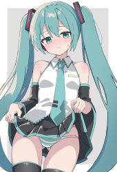 Rule 34 | 1girl, bare shoulders, black skirt, black sleeves, black thighhighs, blue eyes, blue hair, blue necktie, blue panties, blue trim, blush, breasts, closed mouth, clothes lift, collared shirt, commentary, cowboy shot, detached sleeves, gluteal fold, grey background, hair between eyes, hatsune miku, highres, lifting own clothes, long hair, long sleeves, looking at viewer, maud0239, miniskirt, necktie, panties, pleated skirt, shirt, skirt, skirt lift, small breasts, solo, striped clothes, striped panties, thighhighs, twintails, underwear, very long hair, vocaloid, white shirt