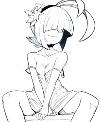 Rule 34 | 1girl, antenna hair, bare legs, breasts, cleavage, flower, gender request, genderswap, hair flower, hair ornament, hair over eyes, hairband, highres, lineart, lingerie, monochrome, nagi (naso4), negligee, nightgown, off shoulder, original, sho-n-d, short hair, sitting, small breasts, smile, solo, strap slip, underwear, v arms