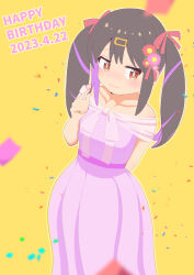 Rule 34 | 1girl, absurdres, arm behind back, bare arms, bare shoulders, black hair, blush, collarbone, commentary request, confetti, dated, dot nose, dress, flower, freshd 0325, frown, hair flower, hair ornament, hair ribbon, twirling hair, hairclip, happy birthday, highres, multicolored hair, nail polish, nervous, onii-chan wa oshimai!, outline, oyama mihari, pink dress, pink nails, purple hair, red ribbon, ribbon, simple background, sleeveless, sleeveless dress, solo, twintails, two-tone hair, wavy mouth, white outline