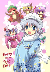 Rule 34 | &gt; &lt;, 4koma, 5girls, :3, :d, = =, > <, alternate costume, animal costume, bat wings, blonde hair, braid, chibi, colonel aki, comic, crescent, english text, closed eyes, flandre scarlet, floral print, green ribbon, hair ribbon, handheld game console, happy new year, hat, hat ribbon, hong meiling, izayoi sakuya, japanese clothes, kimono, light purple hair, long hair, long sleeves, maid, maid headdress, mob cap, multiple girls, new year, nintendo ds, obi, open mouth, patchouli knowledge, pointing, purple eyes, purple hair, red eyes, red hair, remilia scarlet, ribbon, sash, seiza, short hair, siblings, silver hair, sisters, sitting, smile, star (symbol), touhou, tress ribbon, twin braids, very long hair, wide sleeves, wings, xd
