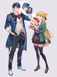 Rule 34 | 1boy, 1girl, achan (blue semi), agnes claudel, black hair, blonde hair, blue eyes, coat, dog tags, earrings, eiyuu densetsu, full body, hair between eyes, hair bun, hand in pocket, highres, holding, holding stuffed toy, jewelry, kai no kiseki, kuro no kiseki (series), loafers, low ponytail, multicolored hair, open clothes, open coat, open mouth, school uniform, shoes, simple background, single hair bun, single side bun, skirt, smile, sneakers, stuffed toy, sweat, sweatdrop, swept bangs, thighhighs, two-tone hair, van arkride, white background