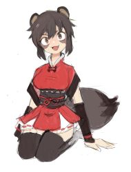 Rule 34 | 1girl, :3, :d, animal ears, black sash, black thighhighs, brown eyes, brown hair, detached sleeves, fang, highres, japanese clothes, kimono, kneeling, looking at viewer, obi, open mouth, original, raccoon ears, raccoon tail, red kimono, sash, short hair, short kimono, simple background, sketch, smile, solo, sui (suizilla), tail, thighhighs, white background