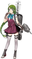 Rule 34 | 1girl, ahoge, boots, bow, bowtie, braid, cross-laced footwear, fujikawa, full body, green hair, grey thighhighs, halterneck, kantai collection, lace-up boots, long hair, machinery, mast, mole, mole under mouth, official art, pleated skirt, purple thighhighs, school uniform, shirt, short sleeves, single braid, skirt, smokestack, solo, thigh strap, thighhighs, torpedo, torpedo tubes, transparent background, turret, very long hair, vest, white shirt, yuugumo (kancolle), yuugumo kai ni (kancolle)